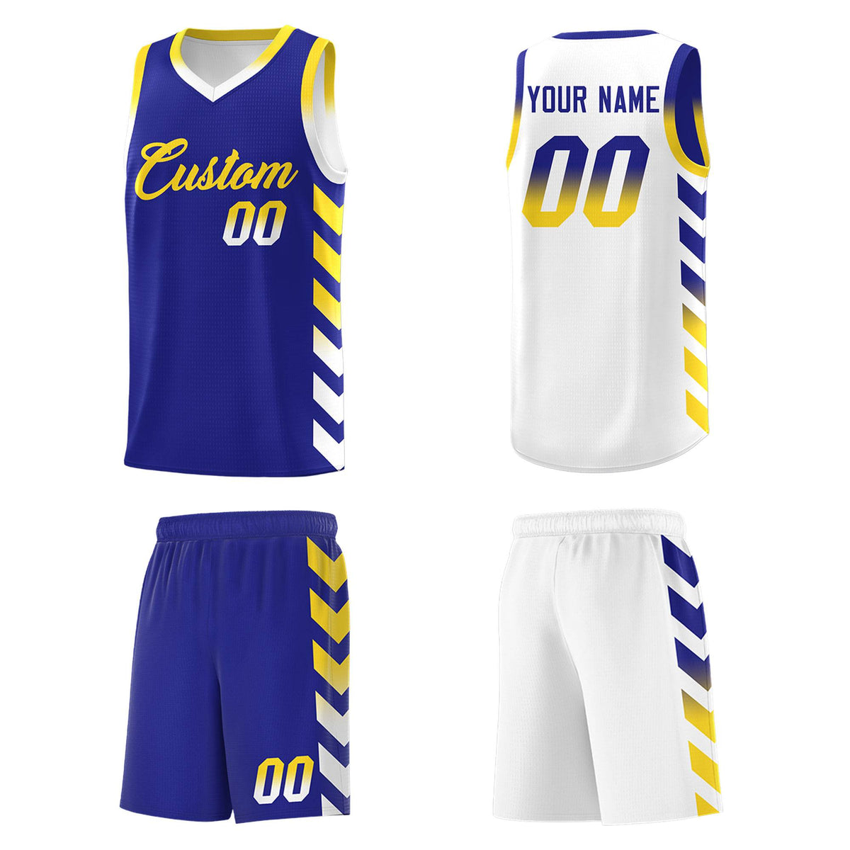Custom White Royal Reversible Basketball Jersey Kits - Side Arrow Royal Gold Gradient
