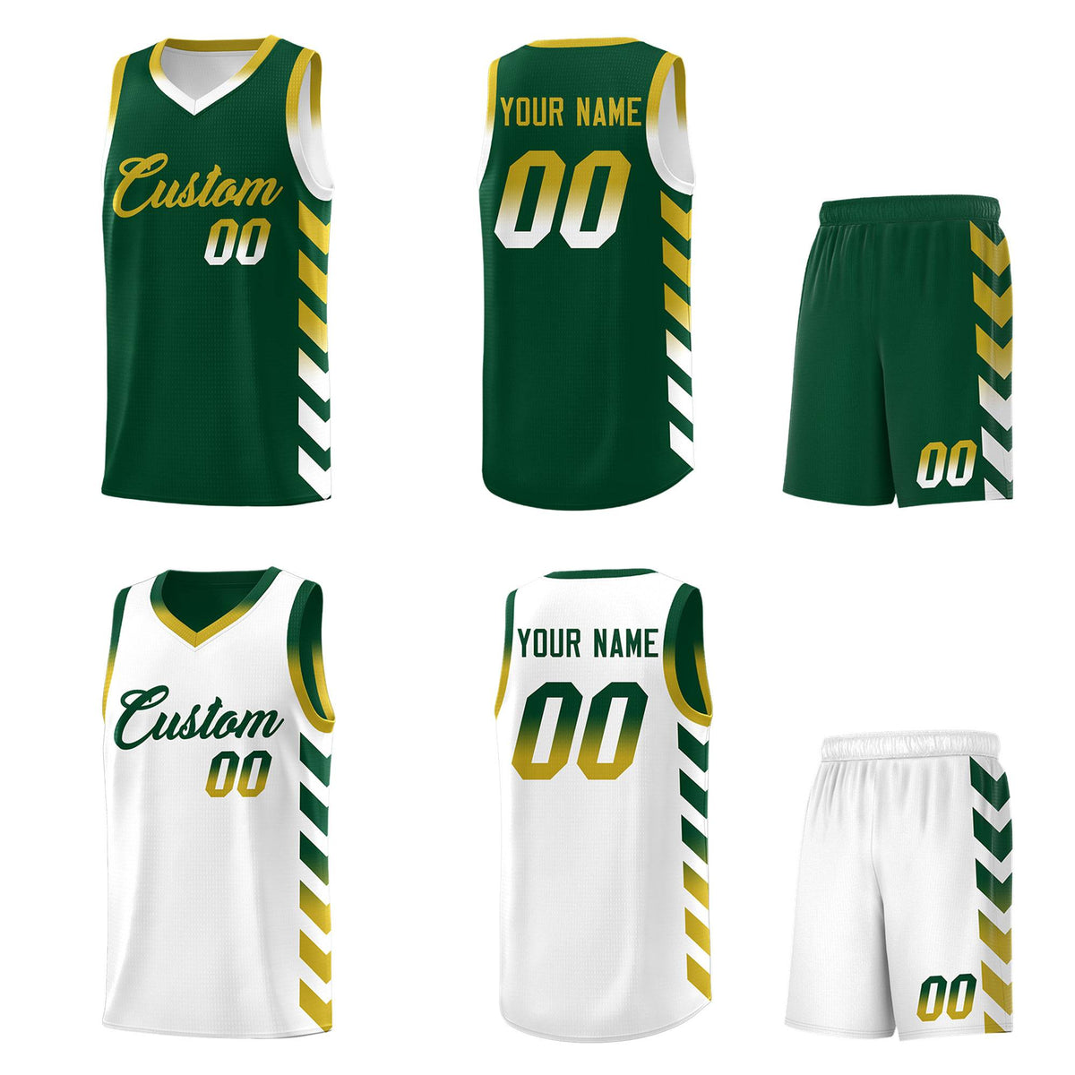 Custom White Green Reversible Basketball Jersey Kits - Side Arrow Green Old Gold Gradient