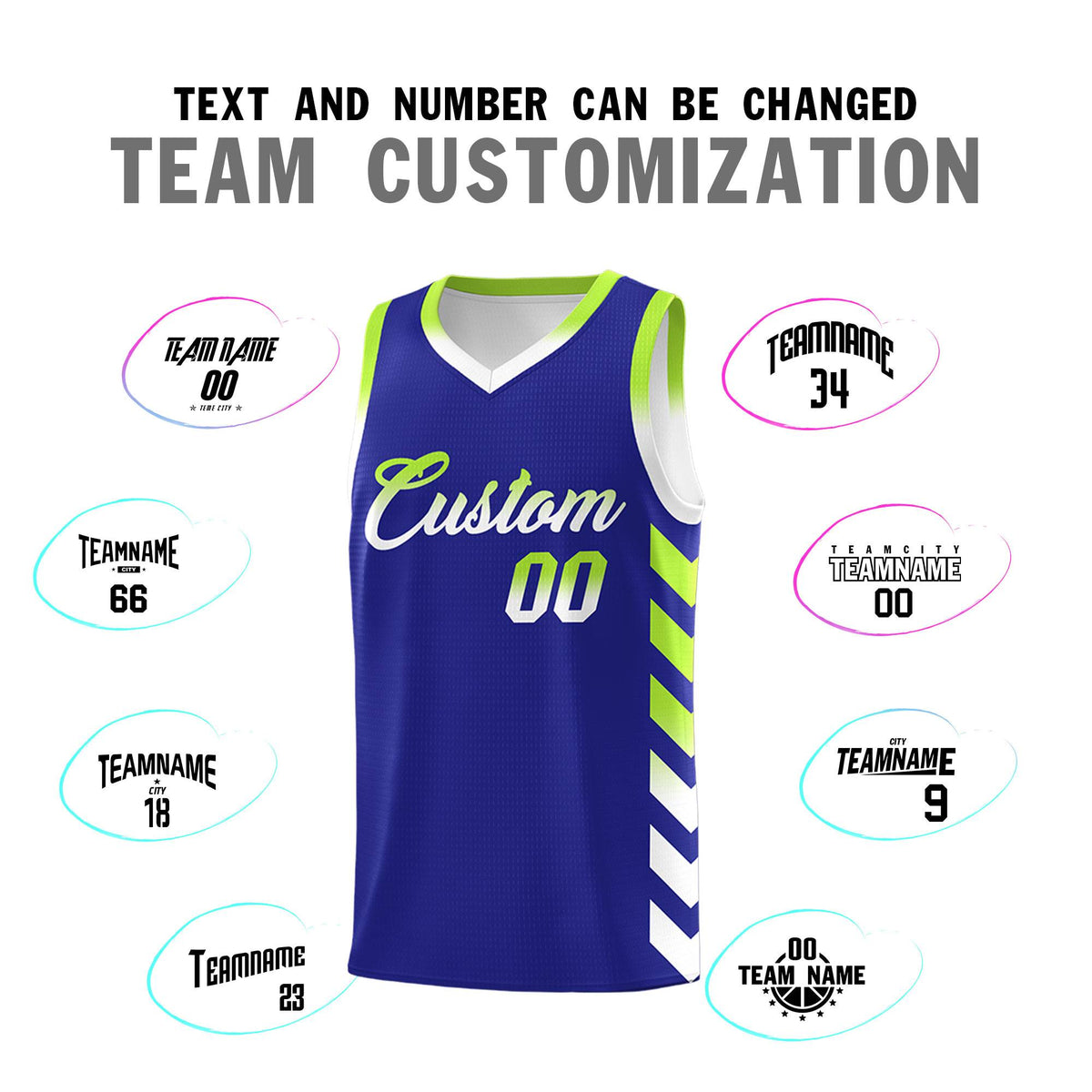 Custom White Royal Reversible Basketball Jersey Kits - Side Arrow Royal Neon Green Gradient