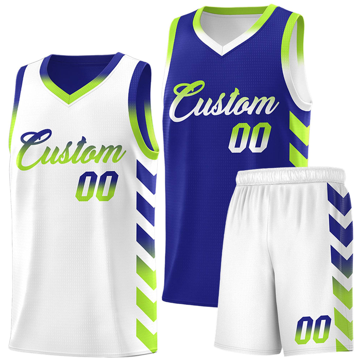 Custom White Royal Reversible Basketball Jersey Kits - Side Arrow Royal Neon Green Gradient