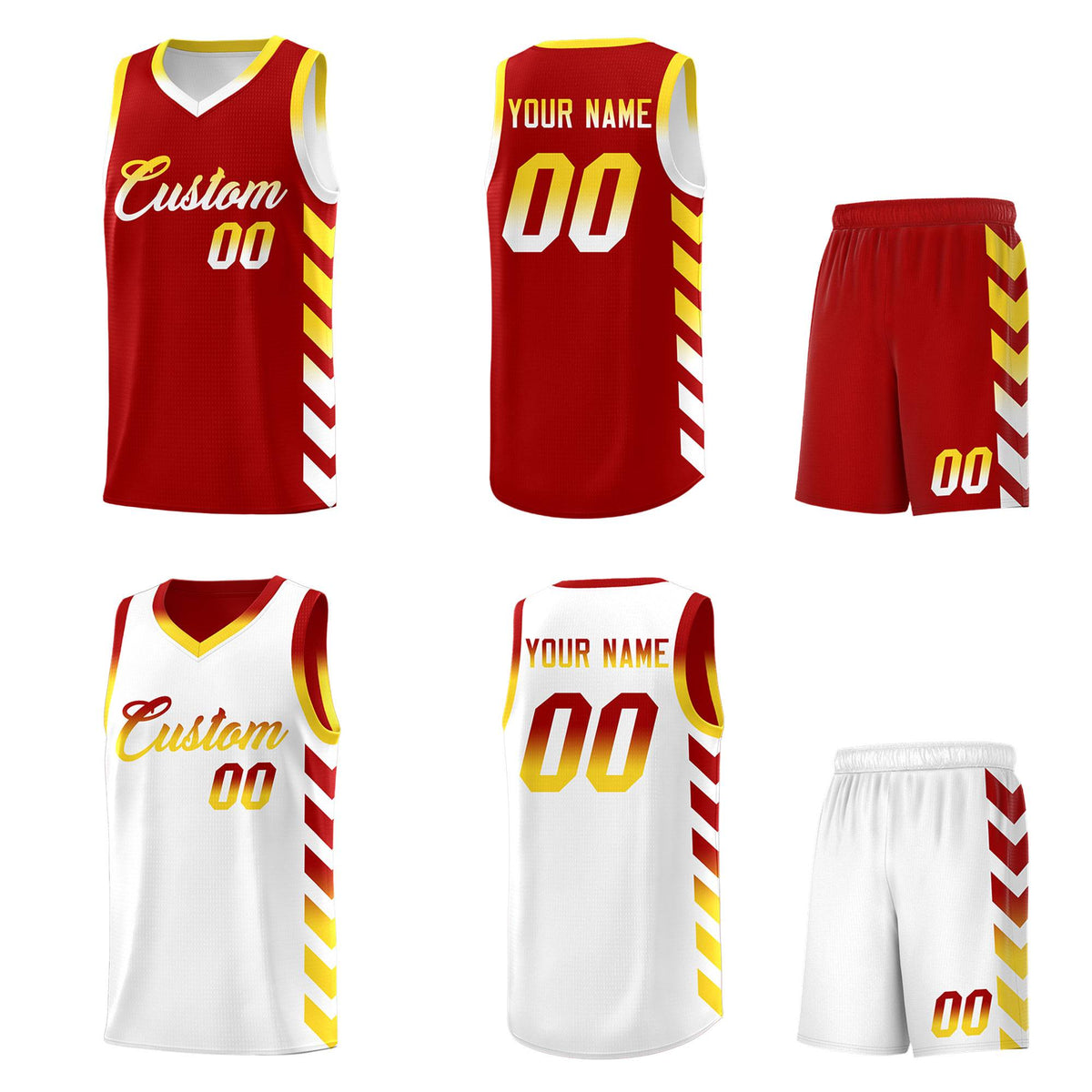 Custom White Red Reversible Basketball Jersey Kits - Side Arrow Red Gold Gradient