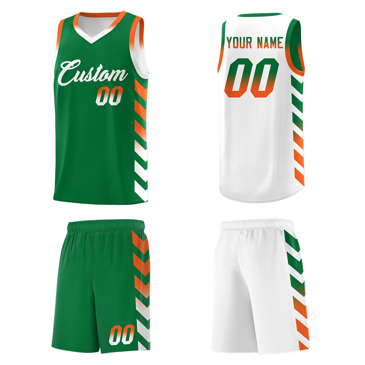 Custom White Kelly Green Reversible Basketball Jersey Kits - Side Arrow Kelly Green Orange Gradient