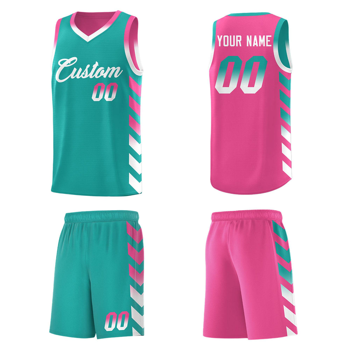 Custom Pink Aqua Reversible Basketball Jersey Kits - Side Arrow Aqua White Gradient