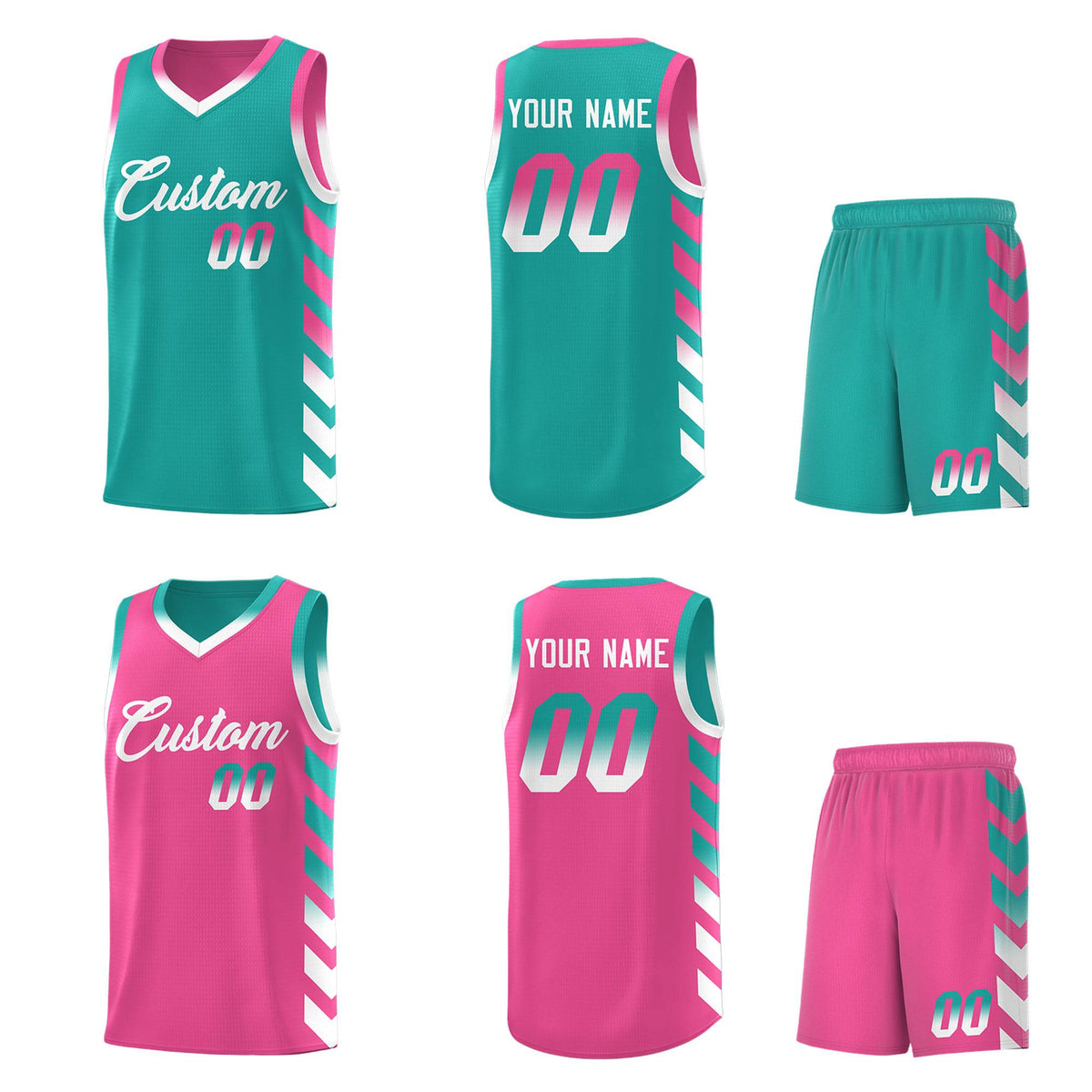 Custom Pink Aqua Reversible Basketball Jersey Kits - Side Arrow Aqua White Gradient