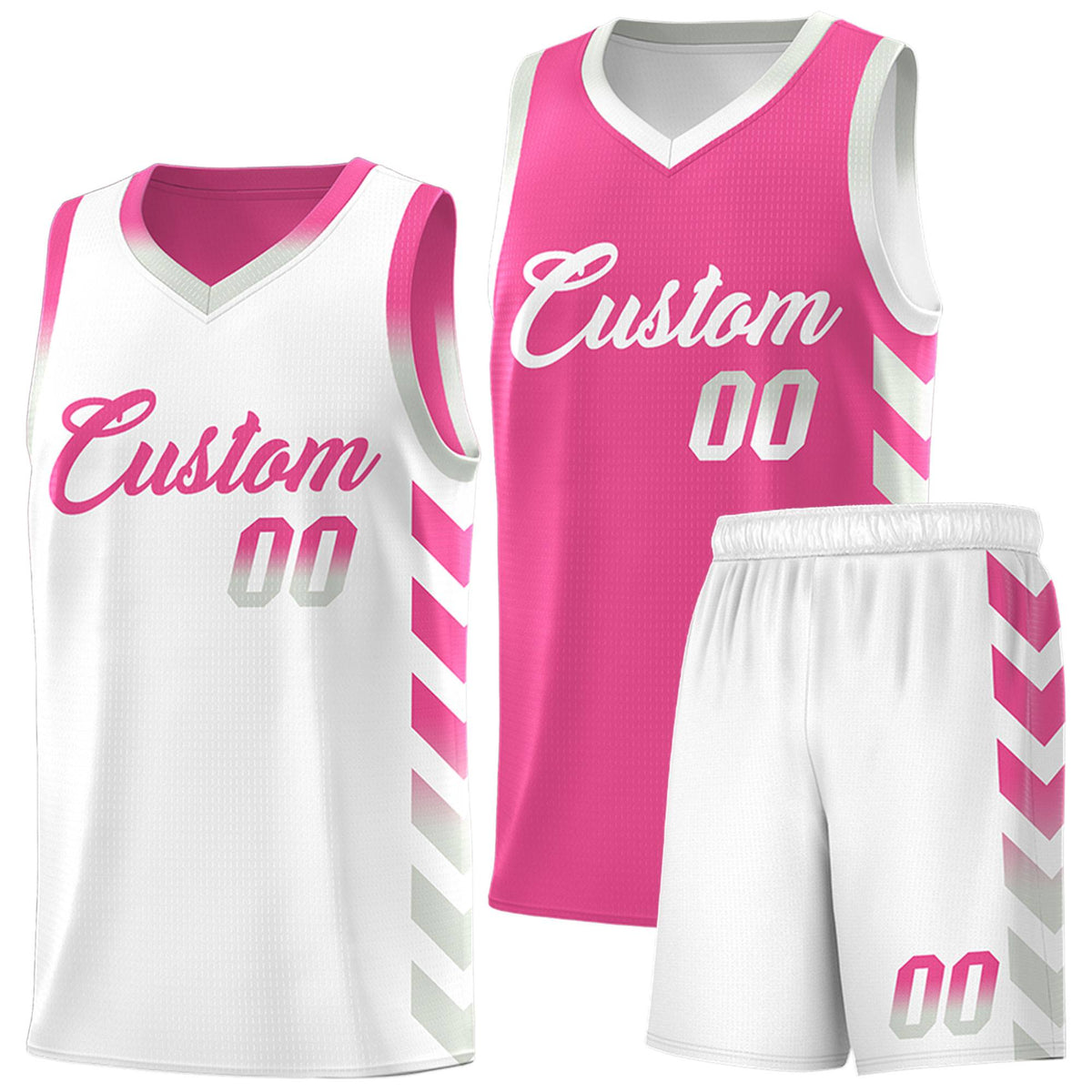 Custom White Pink Reversible Basketball Jersey Kits - Side Arrow Pink Gray Gradient
