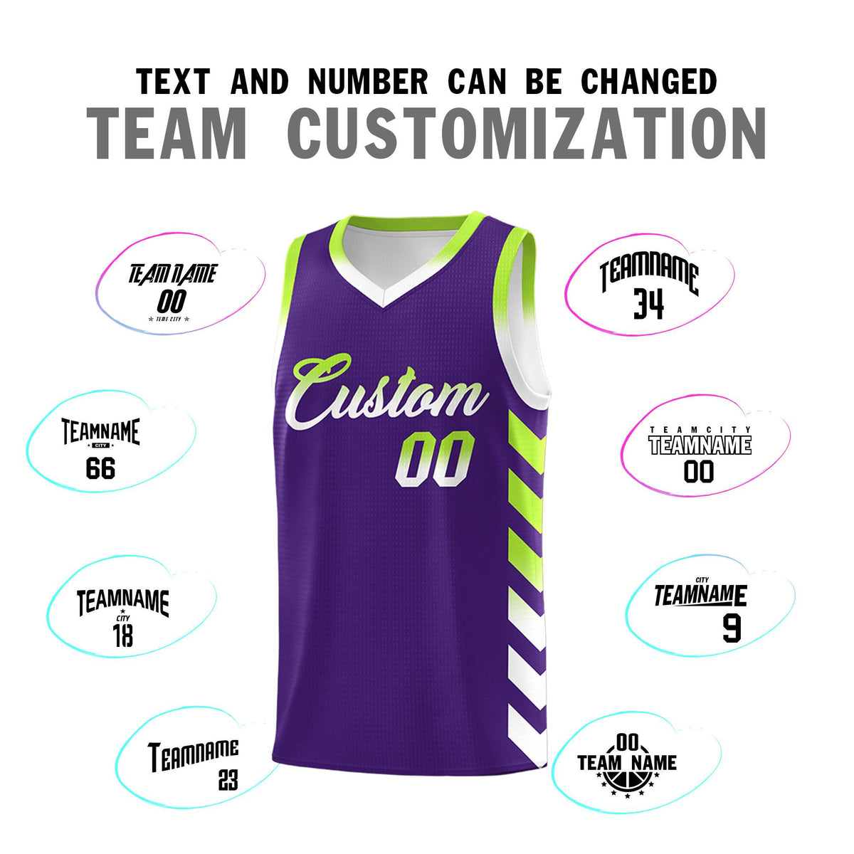 Custom White Purple Reversible Basketball Jersey Kits - Side Arrow Purple Neon Green Gradient
