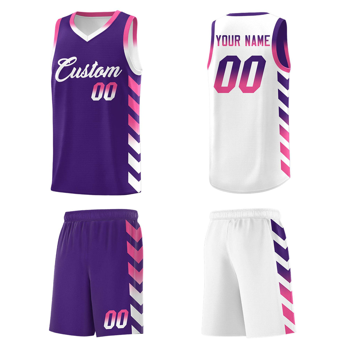 Custom White Purple Reversible Basketball Jersey Kits - Side Arrow Purple Pink Gradient