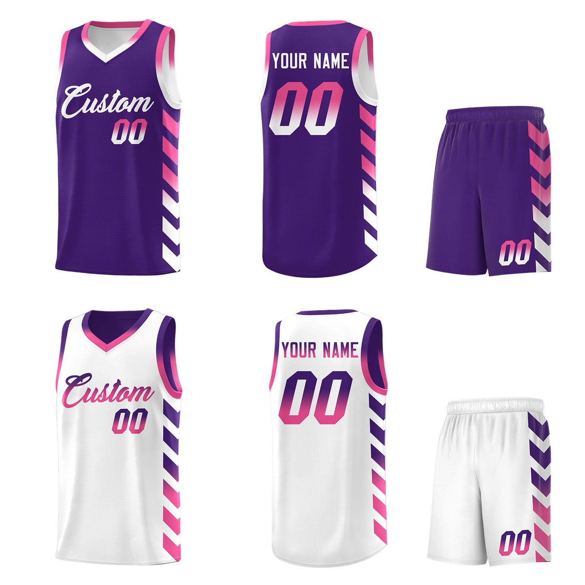 Custom White Purple Reversible Basketball Jersey Kits - Side Arrow Purple Pink Gradient