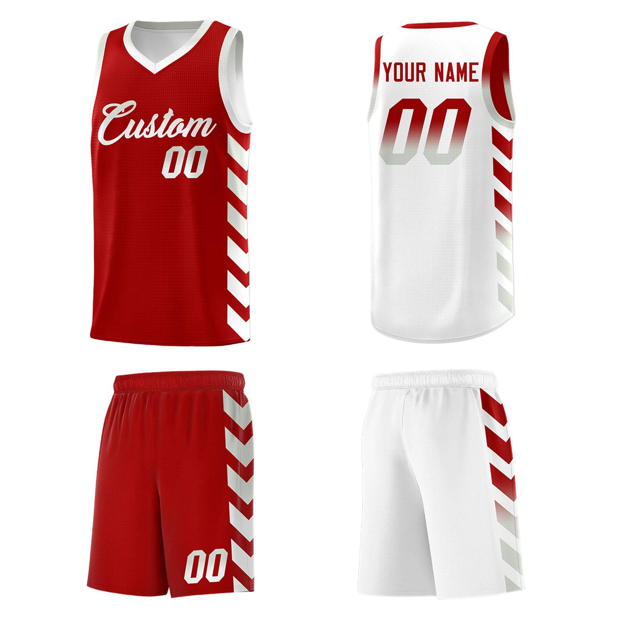 Custom White Red Reversible Basketball Jersey Kits - Side Arrow Red Gray Gradient