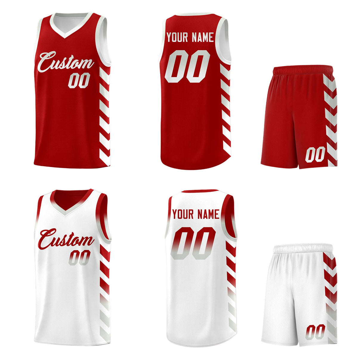 Custom White Red Reversible Basketball Jersey Kits - Side Arrow Red Gray Gradient