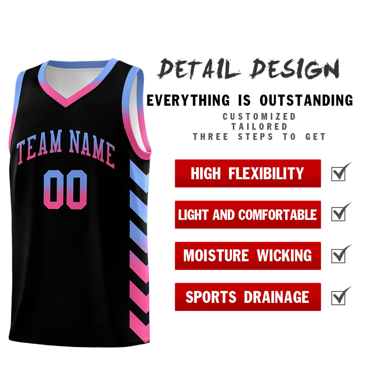 Custom White Black Reversible Basketball Jersey Kits - Side Arrow Light Blue Pink Gradient
