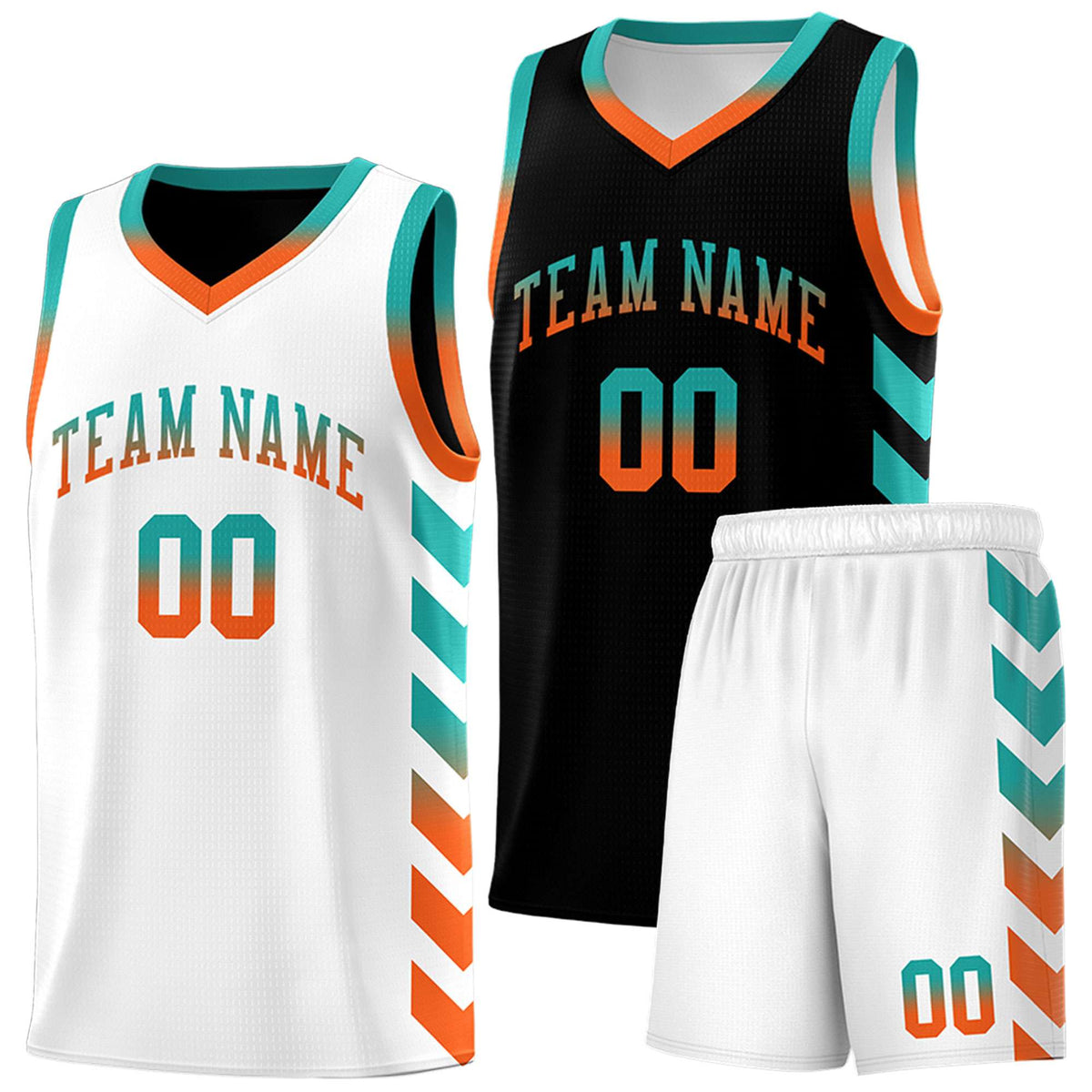 Custom White Black Reversible Basketball Jersey Kits - Side Arrow Aqua Orange Gradient
