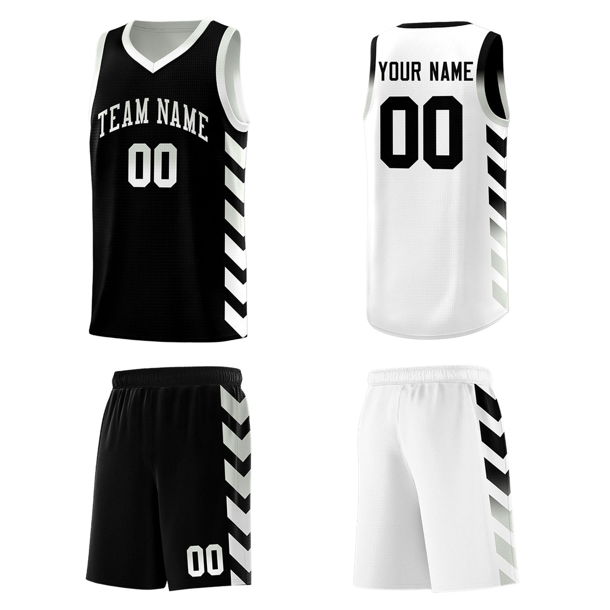 Custom White Black Reversible Basketball Jersey Kits - Side Arrow Black Gray Gradient