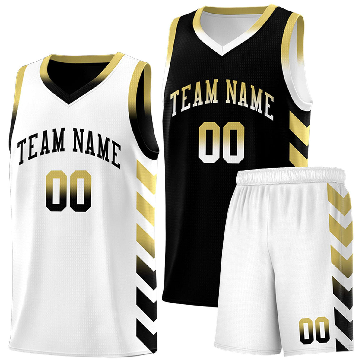 Custom White Black Reversible Basketball Jersey Kits - Side Arrow Old Gold Black Gradient