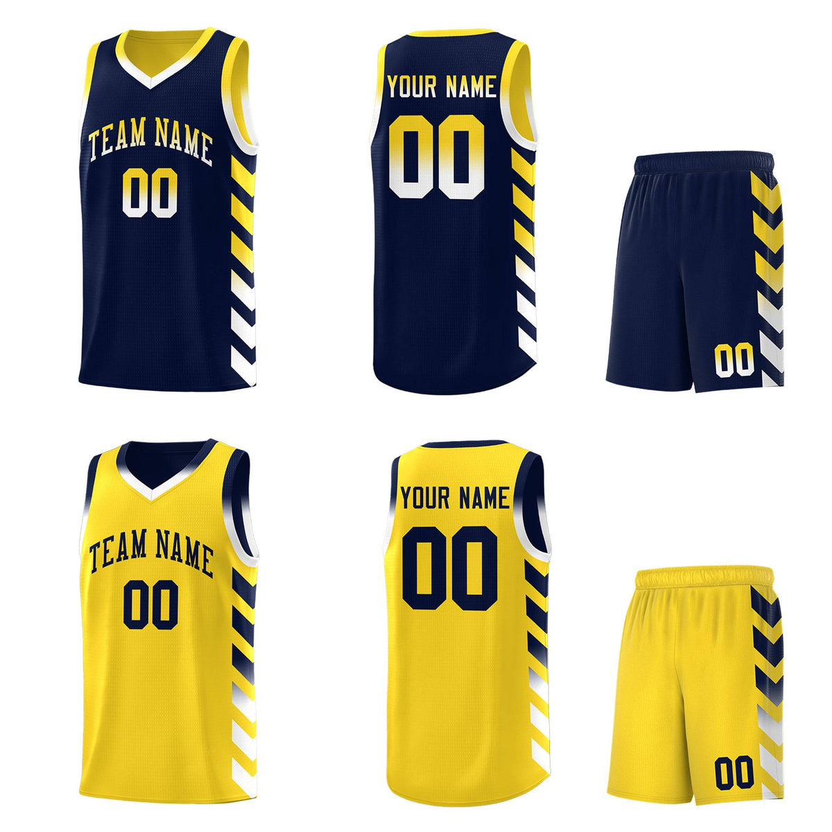 Custom Gold Navy Reversible Basketball Jersey Kits - Side Arrow Navy White Gradient