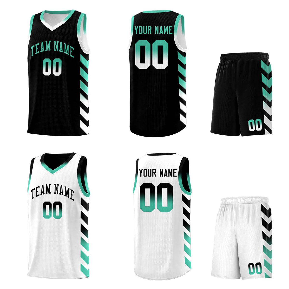 Custom White Black Reversible Basketball Jersey Kits - Side Arrow Black Bright Green Gradient