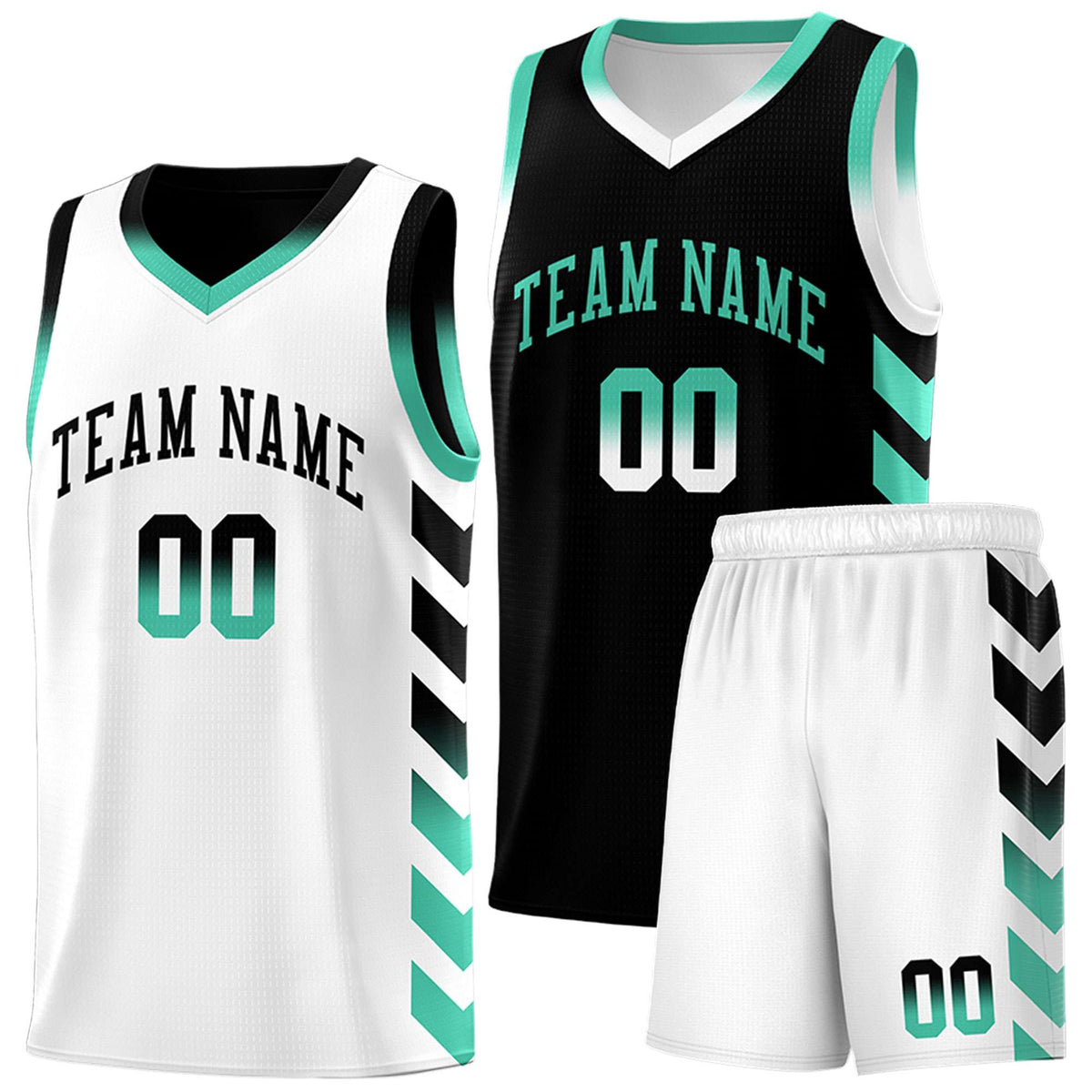 Custom White Black Reversible Basketball Jersey Kits - Side Arrow Black Bright Green Gradient