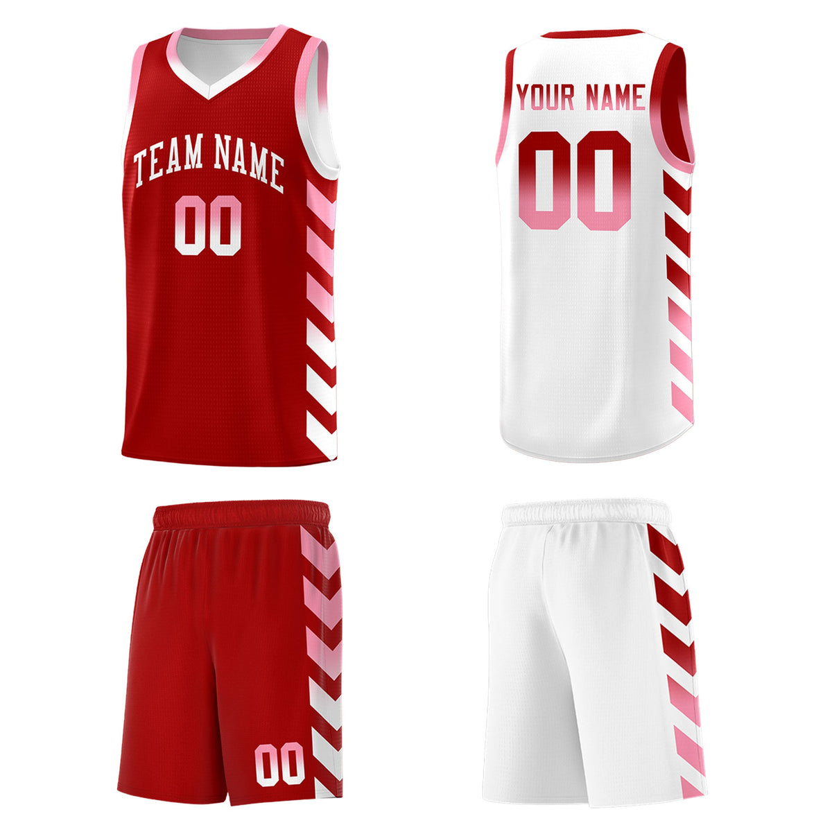 Custom White Red Reversible Basketball Jersey Kits - Side Arrow Red Light Pink Gradient