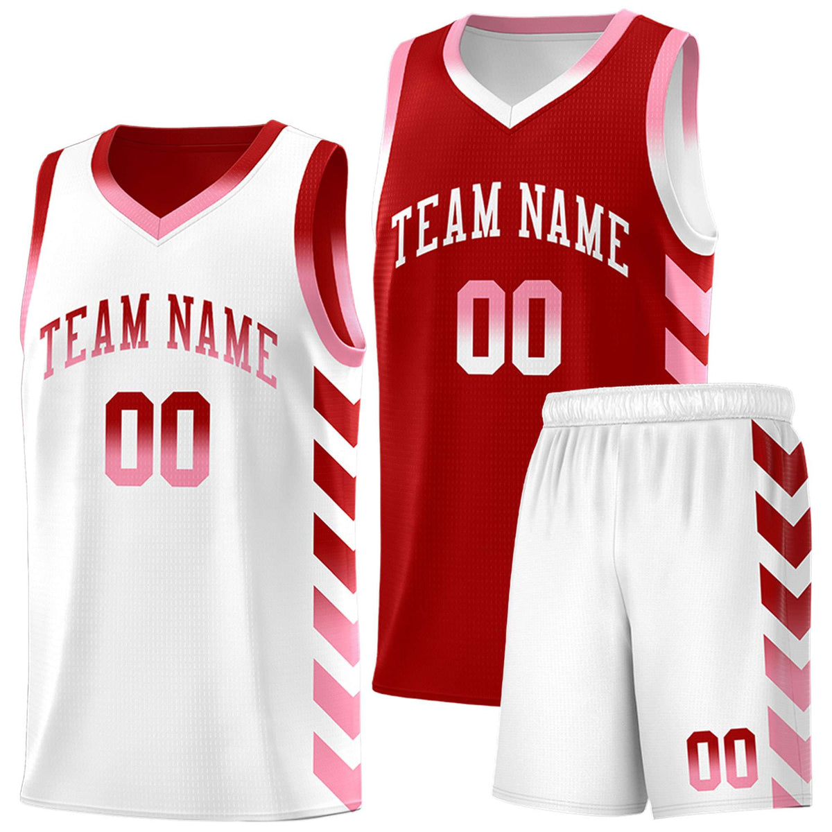 Custom White Red Reversible Basketball Jersey Kits - Side Arrow Red Light Pink Gradient