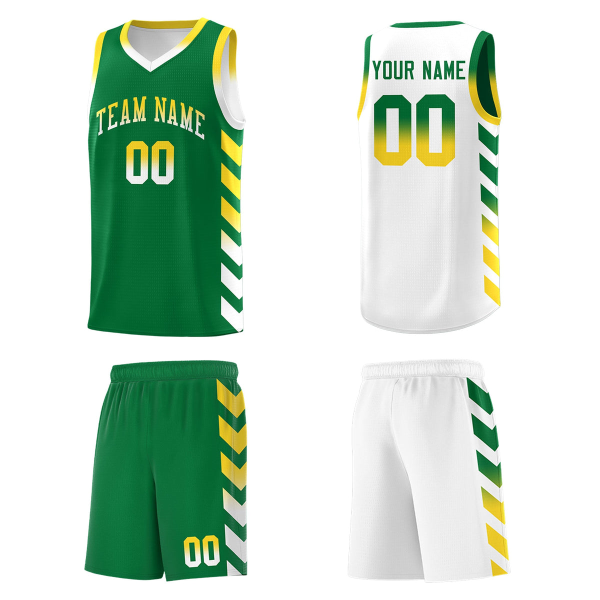 Custom White Kelly Green Reversible Basketball Jersey Kits - Side Arrow Kelly Green Gold Gradient