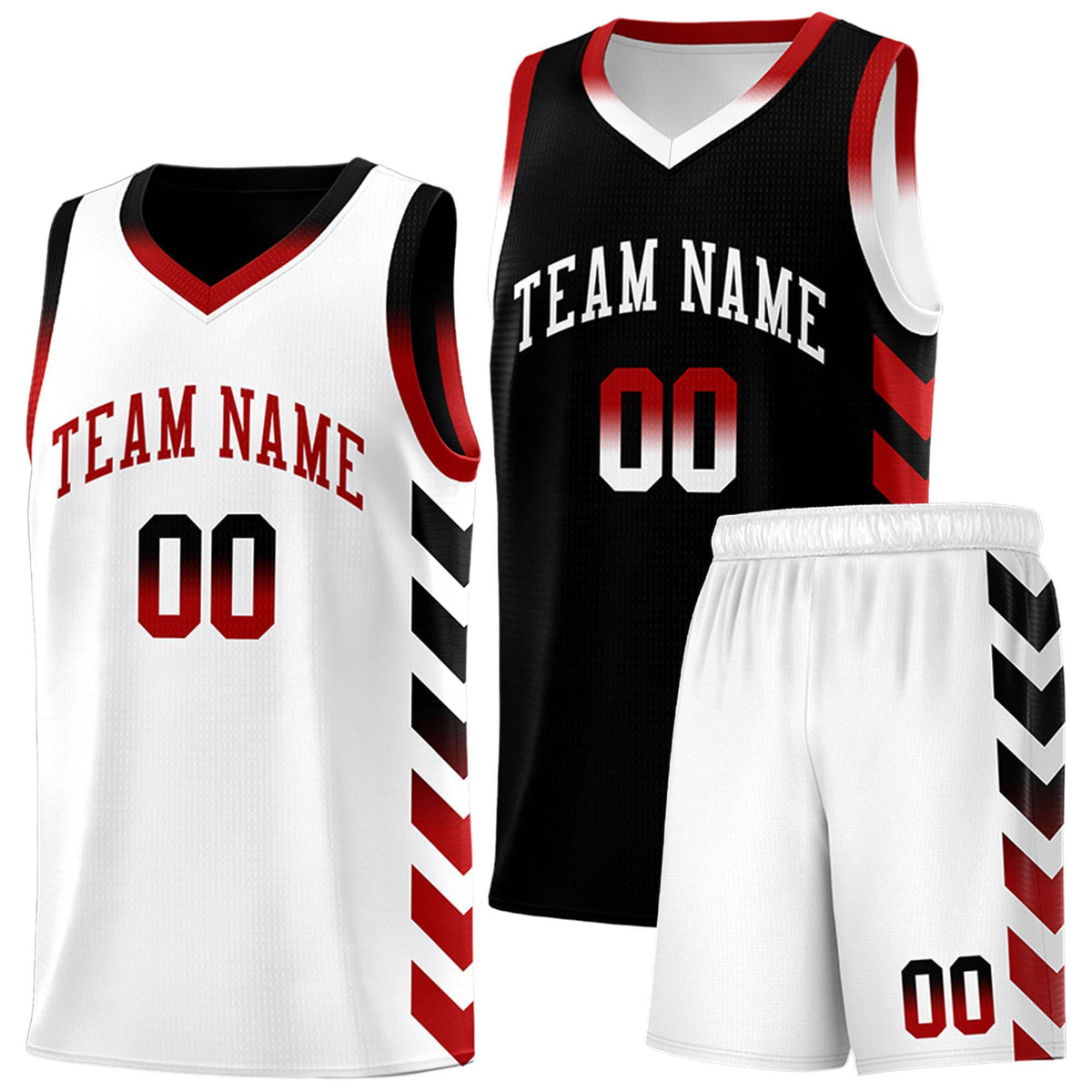Custom White Black Reversible Basketball Jersey Kits - Side Arrow Black Red Gradient