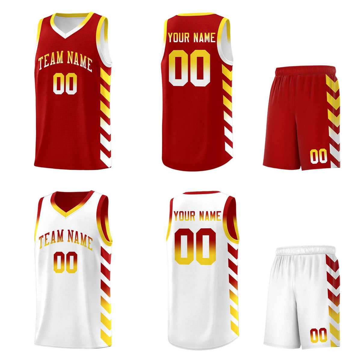 Custom White Red Reversible Basketball Jersey Kits - Side Arrow Red Gold Gradient