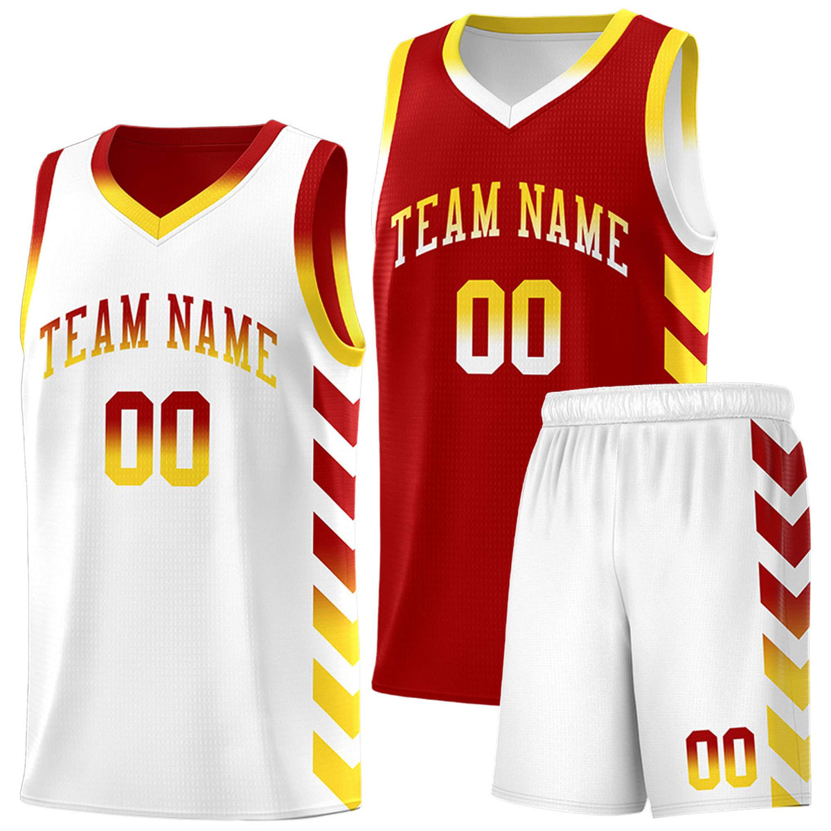 Custom White Red Reversible Basketball Jersey Kits - Side Arrow Red Gold Gradient