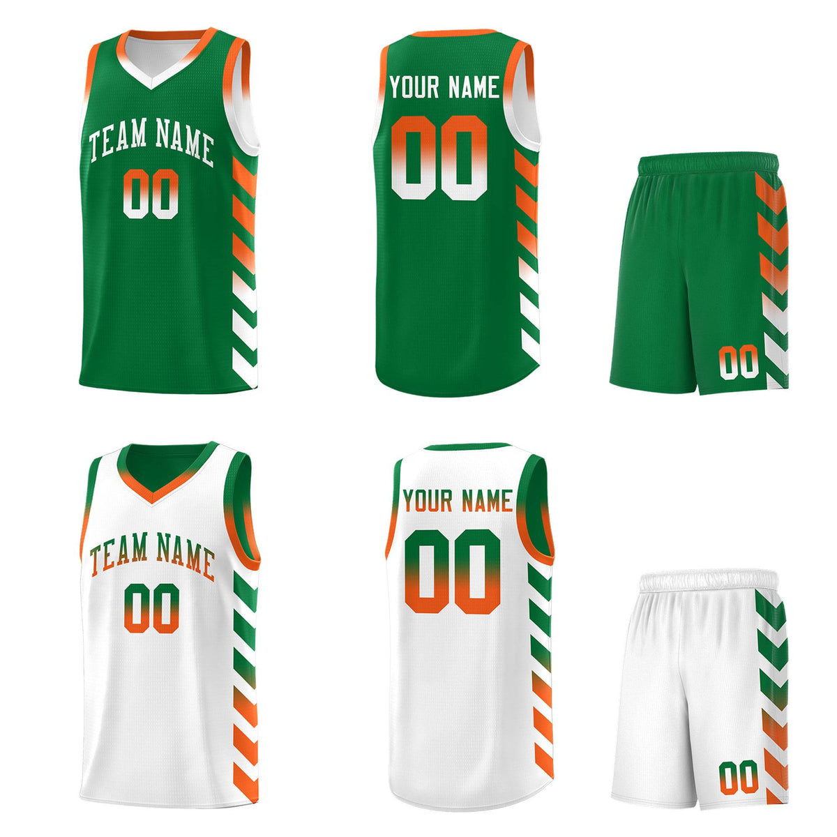 Custom White Kelly Green Reversible Basketball Jersey Kits - Side Arrow Kelly Green Orange Gradient