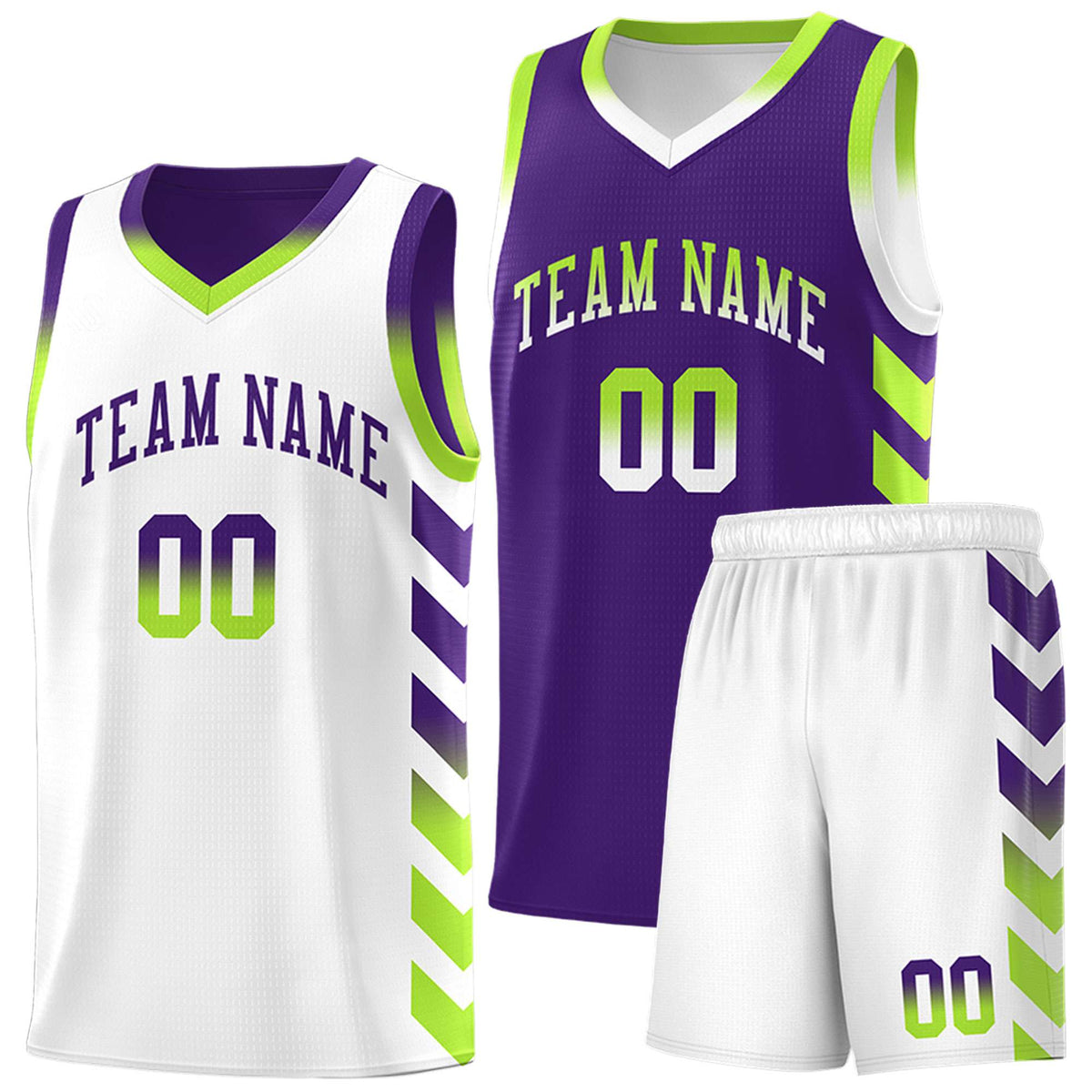 Custom White Purple Reversible Basketball Jersey Kits - Side Arrow Purple Neon Green Gradient