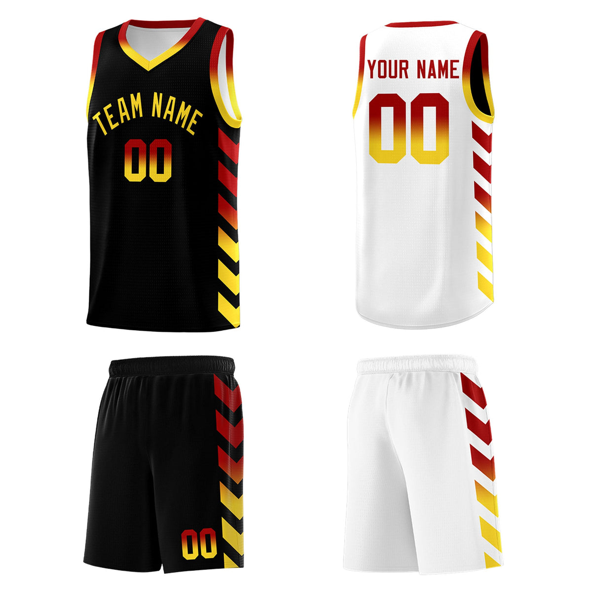 Custom White Black Reversible Basketball Jersey Kits - Side Arrow Red Gold Gradient