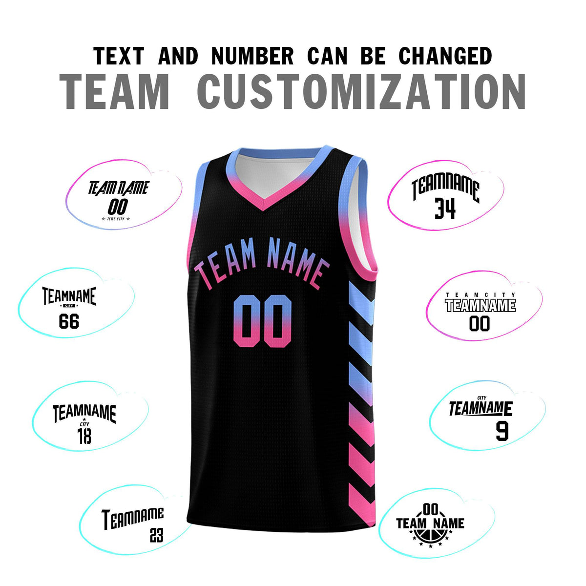 Custom White Black Reversible Basketball Jersey Kits - Side Arrow Light Blue Pink Gradient
