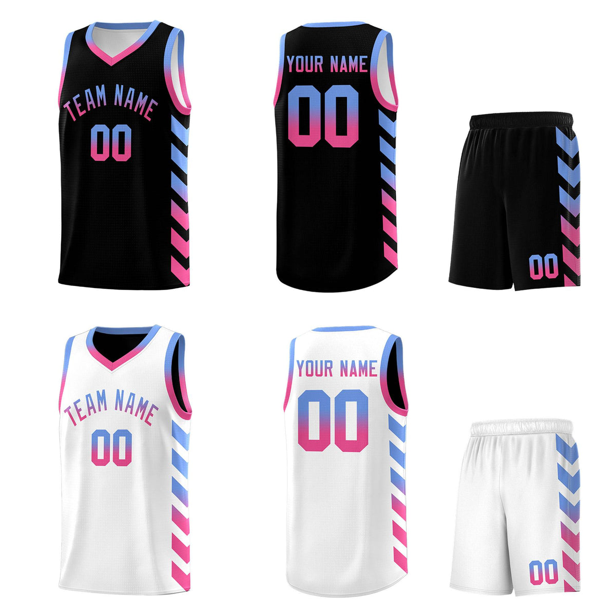 Custom White Black Reversible Basketball Jersey Kits - Side Arrow Light Blue Pink Gradient