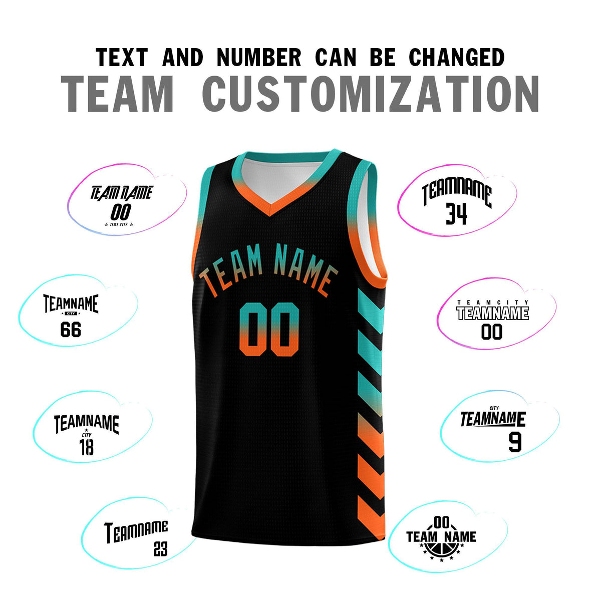 Custom White Black Reversible Basketball Jersey Kits - Side Arrow Aqua Orange Gradient