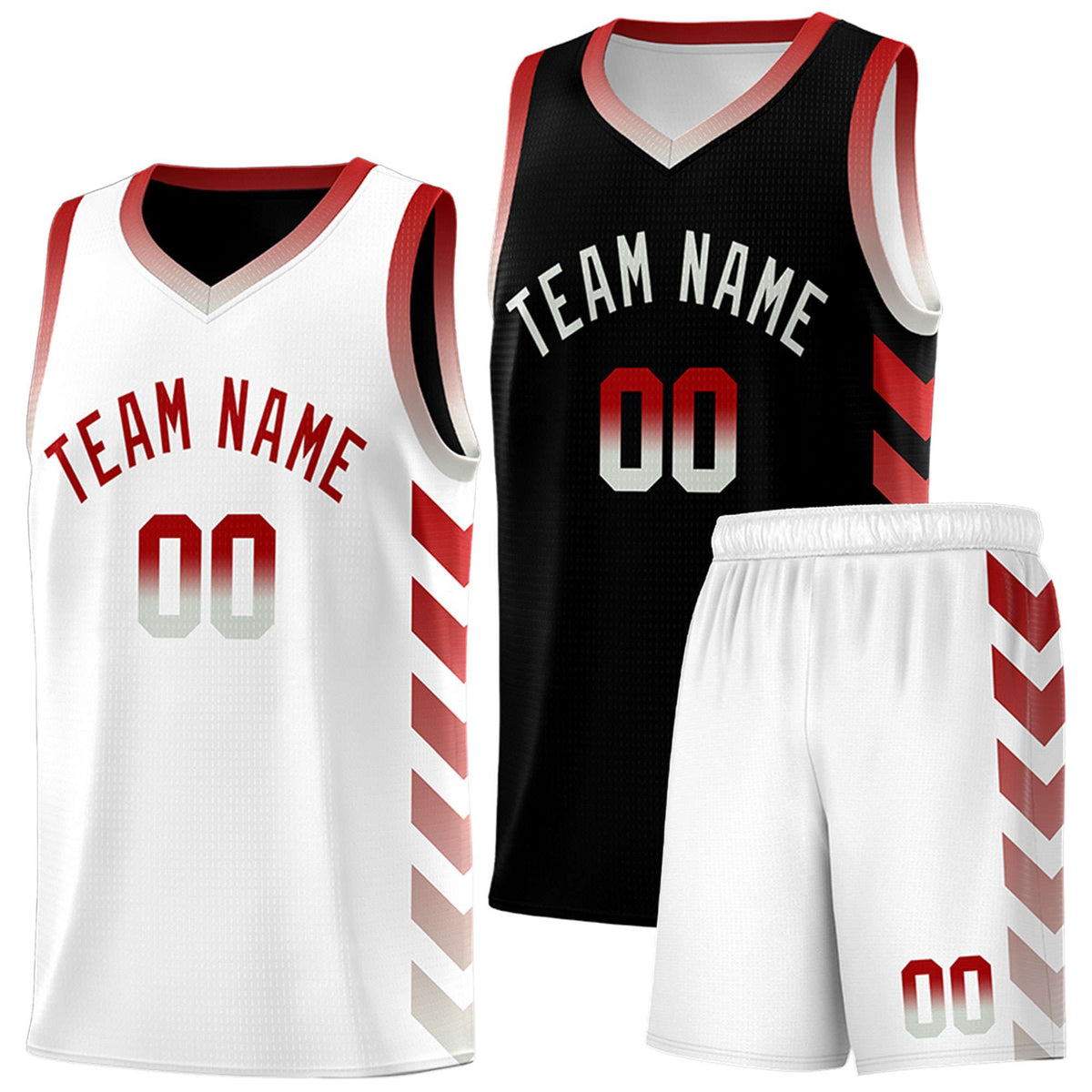 Custom White Black Reversible Basketball Jersey Kits - Side Arrow Red Gray Gradient