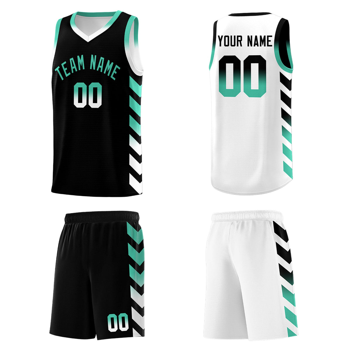 Custom White Black Reversible Basketball Jersey Kits - Side Arrow Black Bright Green Gradient