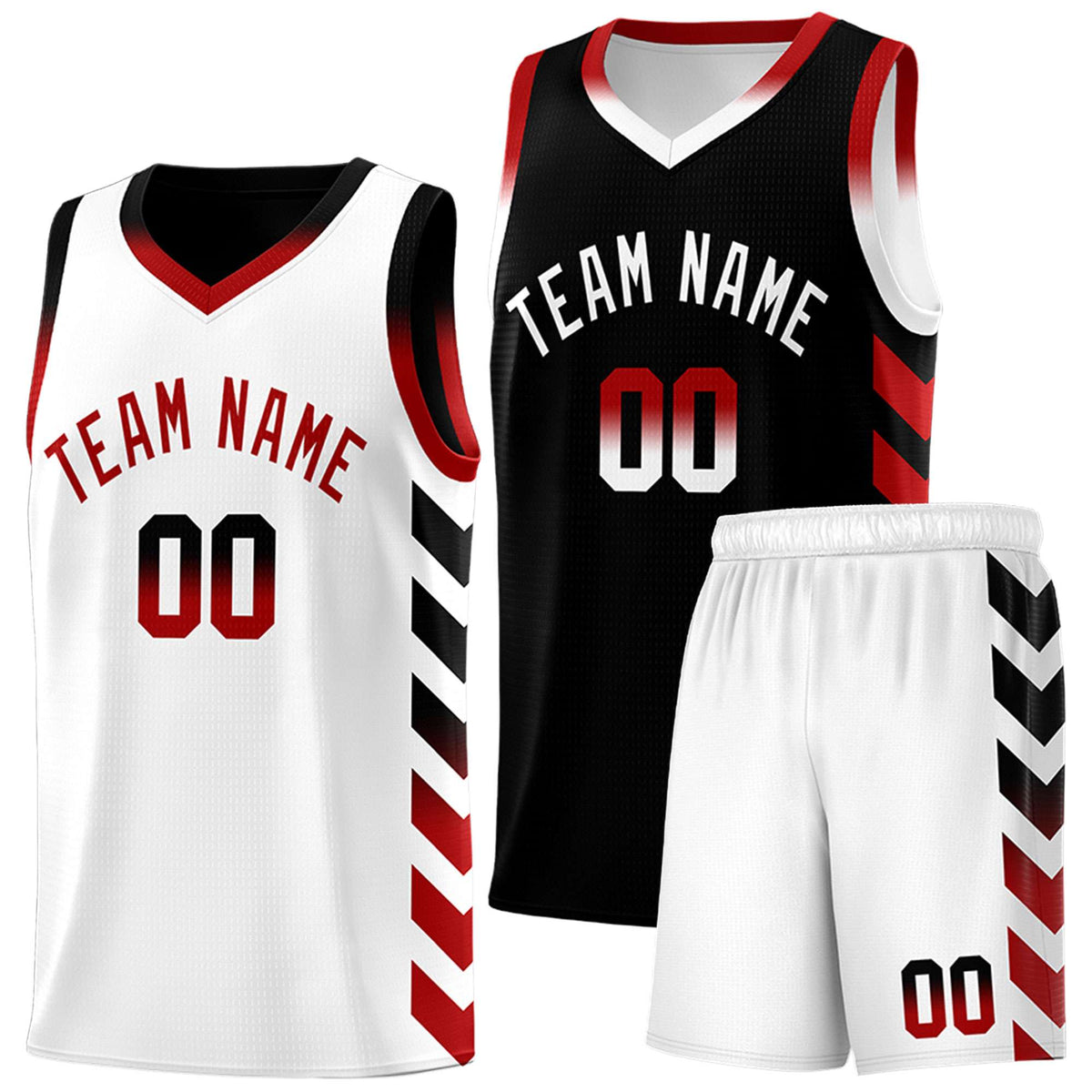 Custom White Black Reversible Basketball Jersey Kits - Side Arrow Black Red Gradient