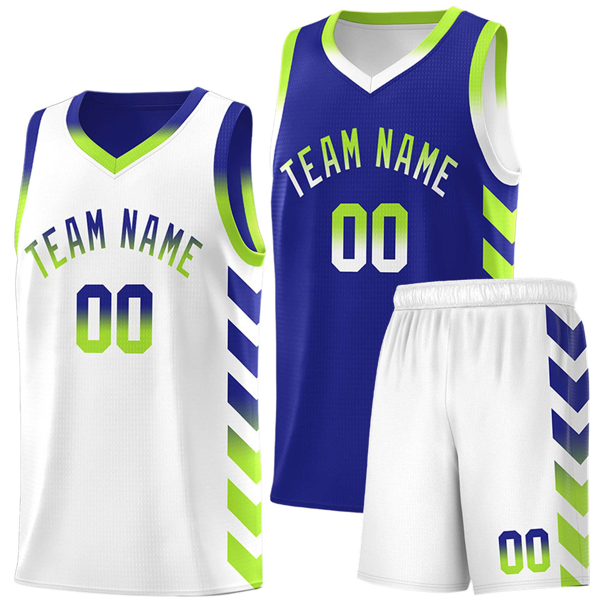 Custom White Royal Reversible Basketball Jersey Kits - Side Arrow Royal Neon Green Gradient