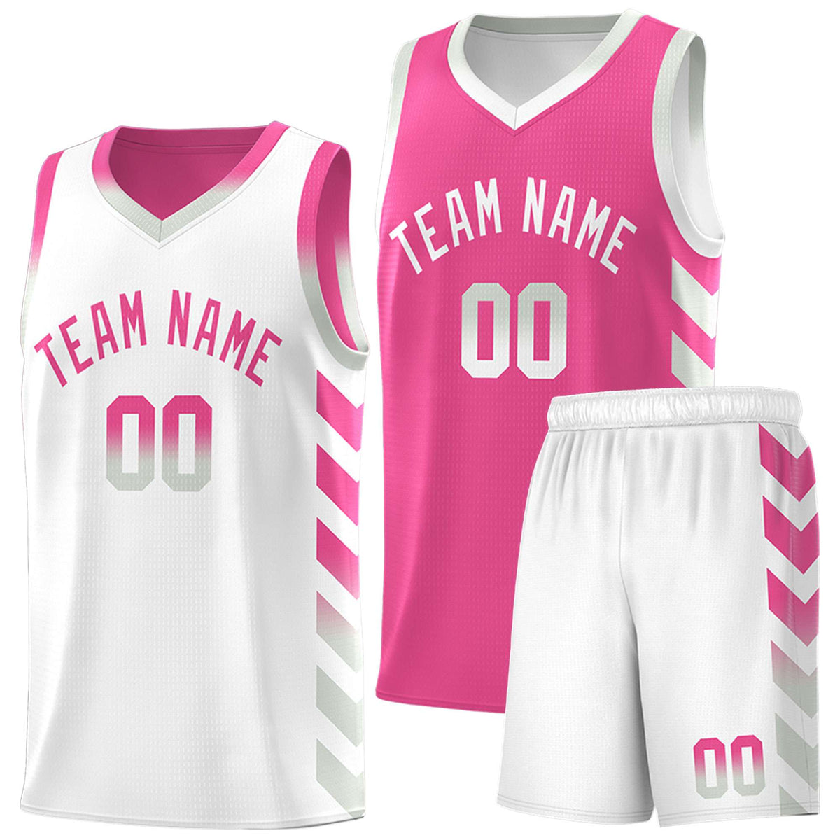 Custom White Pink Reversible Basketball Jersey Kits - Side Arrow Pink Gray Gradient