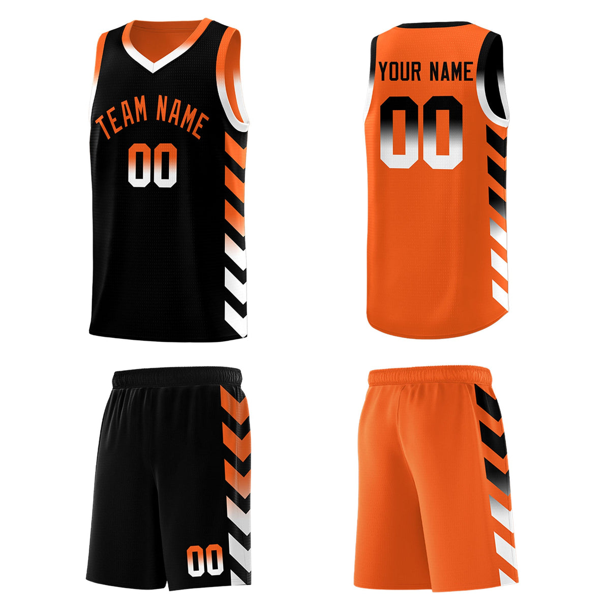 Custom Orange Black Reversible Basketball Jersey Kits - Side Arrow Black White Gradient