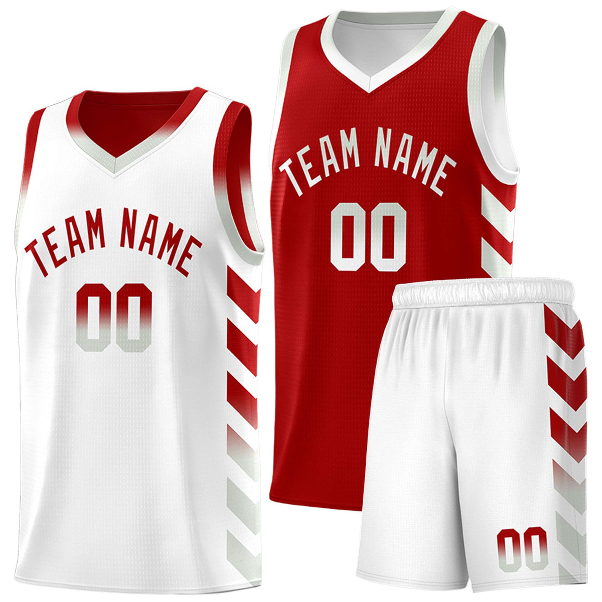 Custom White Red Reversible Basketball Jersey Kits - Side Arrow Red Gray Gradient