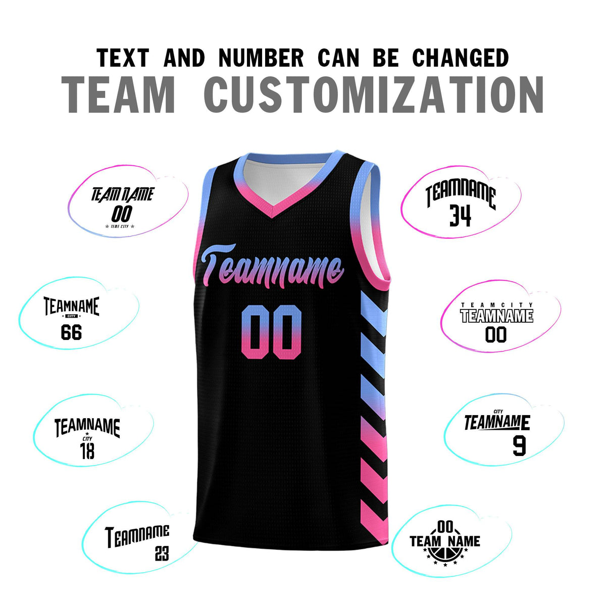 Custom White Black Reversible Basketball Jersey Kits - Side Arrow Light Blue Pink Gradient