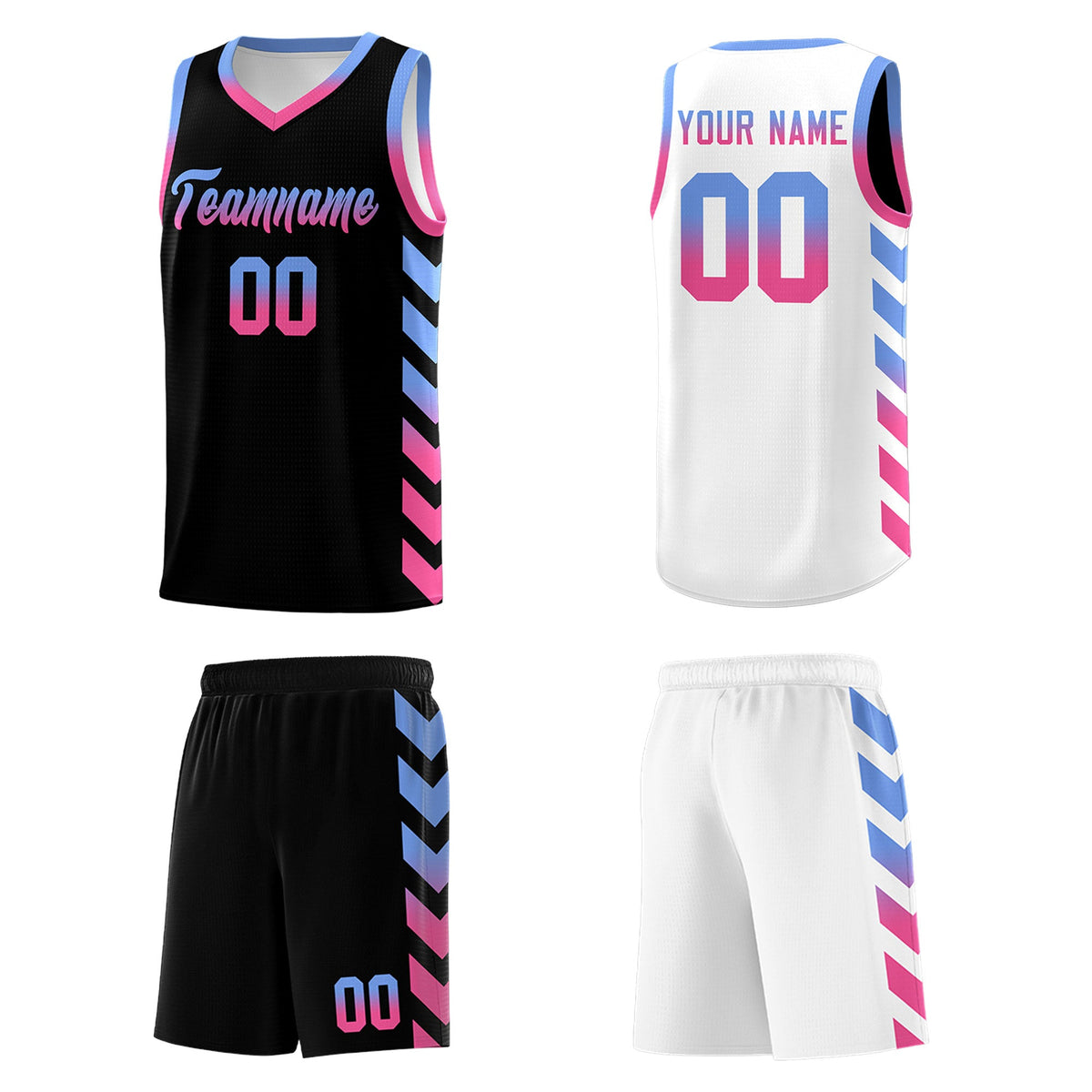 Custom White Black Reversible Basketball Jersey Kits - Side Arrow Light Blue Pink Gradient