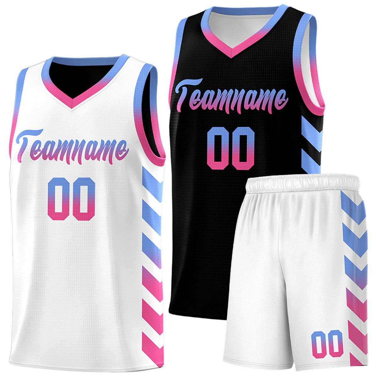 Custom White Black Reversible Basketball Jersey Kits - Side Arrow Light Blue Pink Gradient