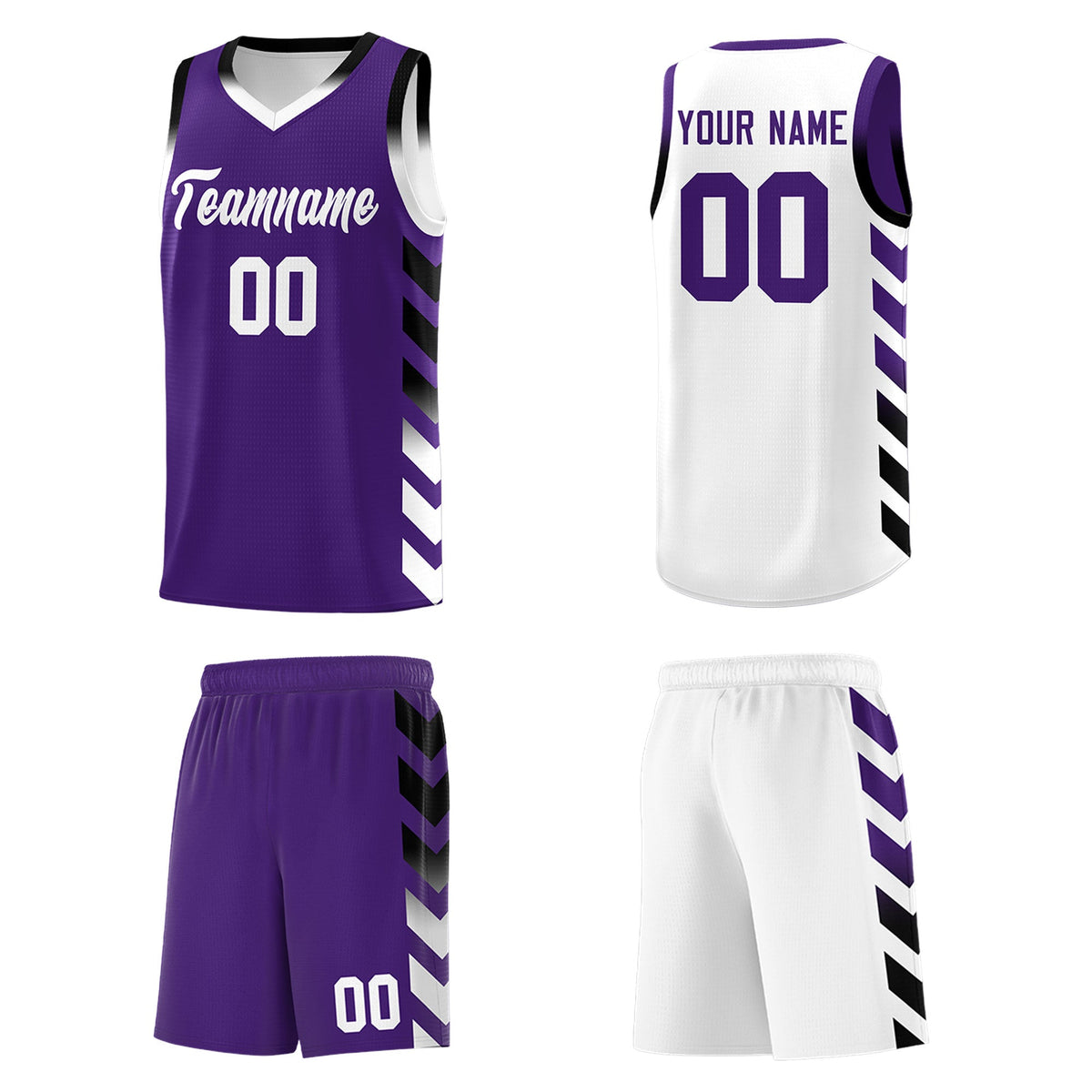 Custom White Purple Reversible Basketball Jersey Kits - Side Arrow Purple Black Gradient