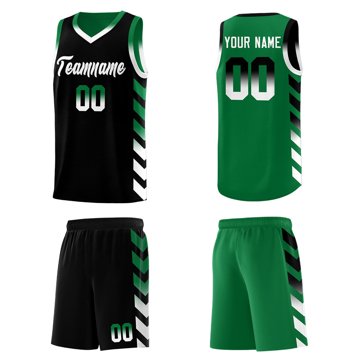 Custom Kelly Green Black Reversible Basketball Jersey Kits - Side Arrow Black White Gradient