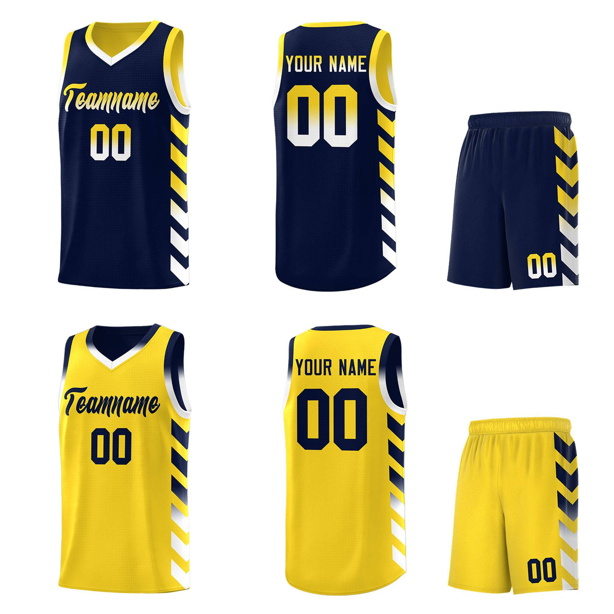 Custom Gold Navy Reversible Basketball Jersey Kits - Side Arrow Navy White Gradient
