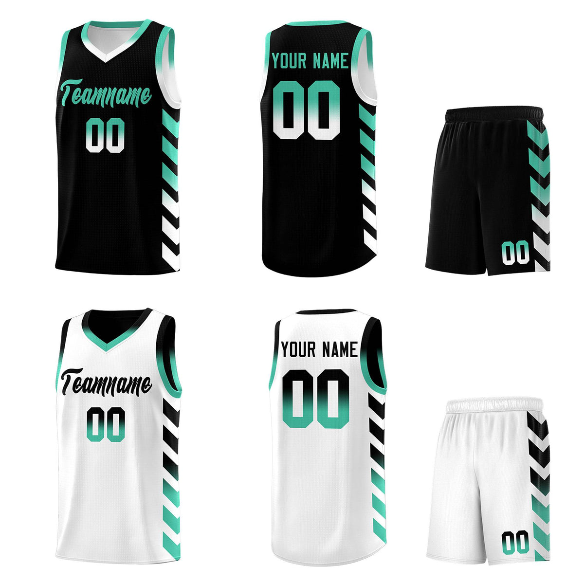Custom White Black Reversible Basketball Jersey Kits - Side Arrow Black Bright Green Gradient