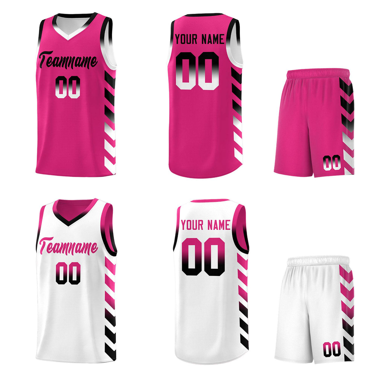 Custom White Pink Reversible Basketball Jersey Kits - Side Arrow Pink Black Gradient