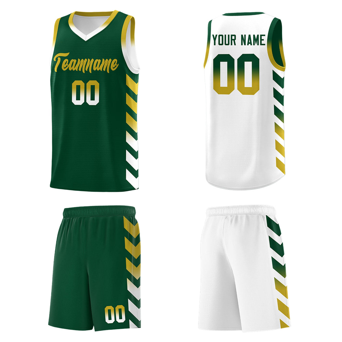 Custom White Green Reversible Basketball Jersey Kits - Side Arrow Green Old Gold Gradient