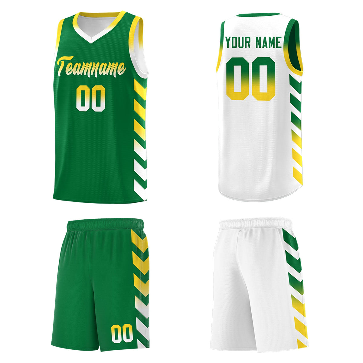 Custom White Kelly Green Reversible Basketball Jersey Kits - Side Arrow Kelly Green Gold Gradient